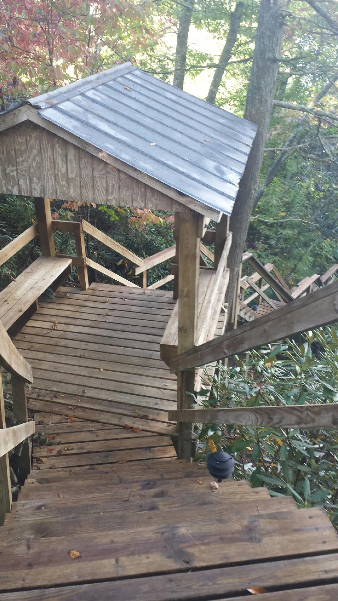 Metal roofed shelter over wooden steps on a wooded walkway — Skylight Repair & Installation work by our crew in Lester